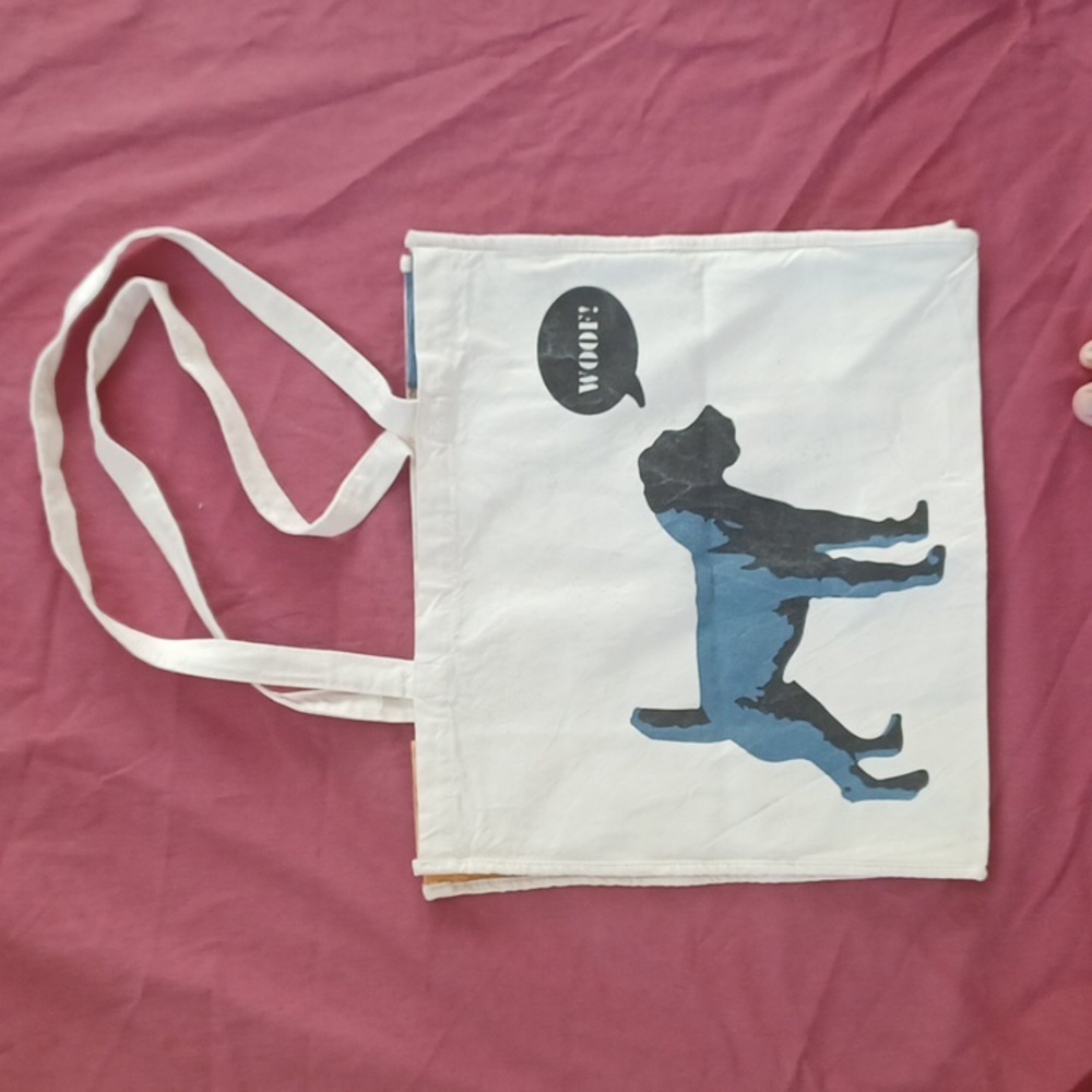 3/$25 Pet Food Express Canvas Tote Bag Cat & Dog Images, Off White Blue Orange